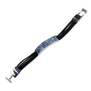 Inox Women's Stainless Steel Bracelet with Mosaic Pattern and Black Waxed Cord